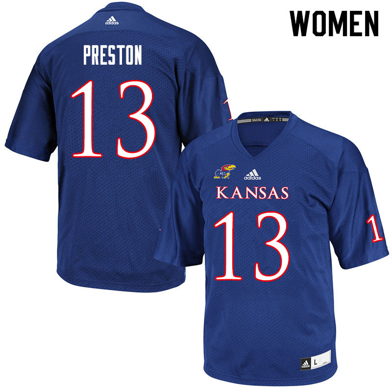 Women #13 Jordan Preston Kansas Jayhawks College Football Jerseys Sale-Royal - Click Image to Close